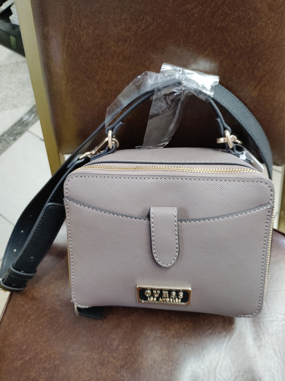 Taupe Crossbody Bag with Gold Hardware - Womens